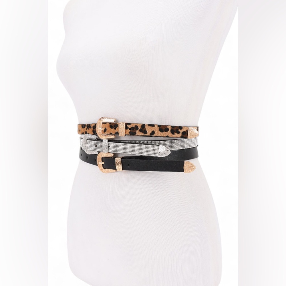 3 PC Vegan Suede Skinny Animal Print Statement Belt Set - Picture 2 of 6
